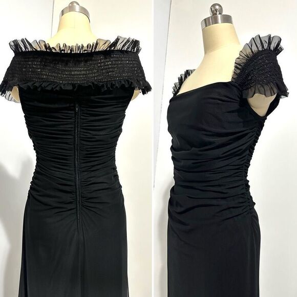 Vtg Tadashi Black Mesh Ruched Maxi Dress S Gothic Vampire Fairygoth Witchy - Picture 4 of 12